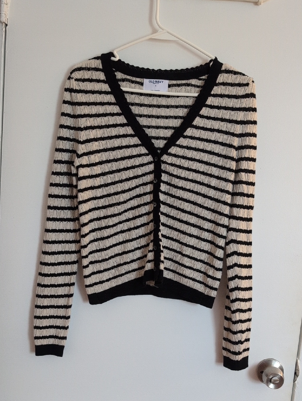 Old Navy Black & Cream Striped V-Neck Cardigan Sweater